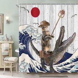Funny Cat Shower Curtain Fun Cool Cat Riding Crocodile Japanese Ocean Wave Bathroom Curtain for Kids Rustic Wood Farmhouse Bath Curtains Waterproof Fabric Shower Curtain Set with 12 Hooks, 70X70IN