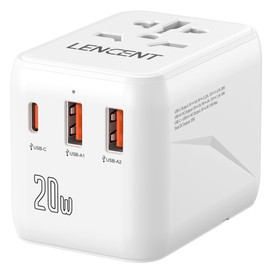 LENCENT Universal Travel Adapter, World Travel Plug International Adapter with 2 USB & Type-C PD 20W, Worldwide Charger for Mobile Phones, Laptop, USA/UK/EU/AUS Sockets, White
