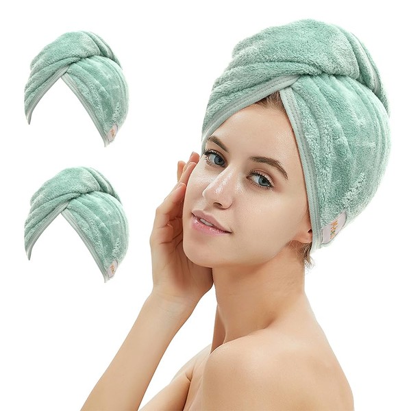M-bestl 2 Pack Microfiber Hair Towel Wrap,Hair Drying Towel with Button, Hair Towel Turban,Head Towel to Dry Hair Quickly (Green&Green)