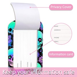 iapodiad 2 Pack Neon Skulls Luggage Tag for Suitcase,Skulls and Flowers PU Leather Suitcase Tags Identifiers with Privacy Name Address Labels and Steel Loop for Women Men Travel