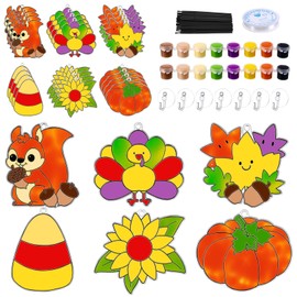 Poen 24 Sets Fall Suncatchers Ornaments Decorations DIY Window Paint Art Suncatchers Craft Kits Color Your own Autumn Sun Catchers for Classroom Activity Thanksgiving Harvest Party Art Project