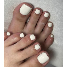 Morily Solid White Press on Toenails for Women, 24 Pcs Short Square Fake Toe Nail Press ons, Reusable Full Cover Artificial Glossy False Stick on Pedicure in 12 Sizes