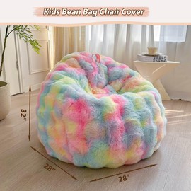 LIFEREVO Kids Fluffy Faux Rabbit Fur Bean Bag Cover (No Filler), Soft Fuzzy Stuffed Animal Storage Bubble Waffle Bean Bag for Plush Toys, Comfy Shaggy Furry Beanbag Cover Kids Girls Adults, Rainbow
