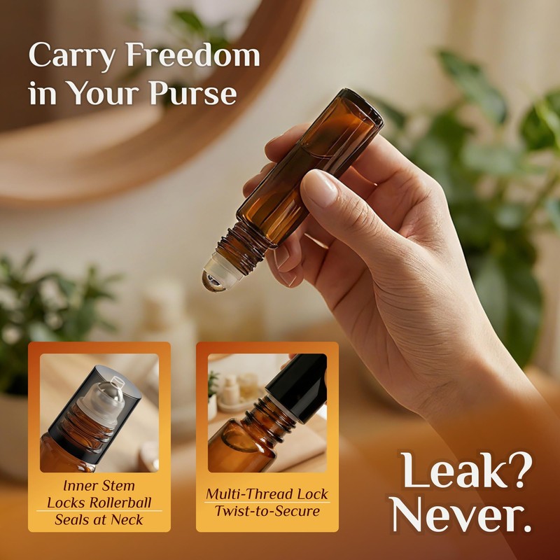 PrettyCare Set of 24, 10 ml Amber Glass Roller Bottles