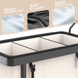 60 Gal (230L) Laundry Hamper 3 Section with Lid, Leather Patchwork Laundry Sorter with Rolling Lockable Wheels and Handle, Laundry Basket Organizer for Laundry Room, Bedroom and Bathroom - Beige