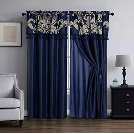 Chezmoi Collection Royale 4-Piece Jacquard Floral Window Curtain/Drape Set with Sheer Backing Valance Tassels, Navy/Gold