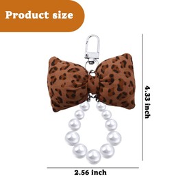 Sdopbinbin Leopard Print Bow Keychain for Purse Bag Accessories for Women: Leopard Print Bowknot Keychain with Pearl Chain, Puffy Bow, 3.93*1.96 Inches, 25g, Spring Ring Clasp