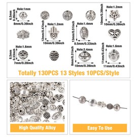 Pandahall 130Pcs Tibetan Spacer Beads Antique Silver Rondelle Bicone Beads 13 Styles Metal Rondelle Barrel Bead Bracelet Spacer Beads for Women Men Jewelry Making Necklace Earring Supplies