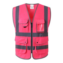 XIAKE XIAKE Unisex 9 Taschen Warnweste Hohe Sichtbarkeit Weste Reflektierende EN ISO 20471 Standards mit Rei?verschluss Rose M