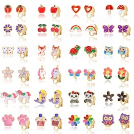 CASSIECA 24 Pairs of Clip-On Earrings for Non-Pierced Ears, Cute Various Animals, Unicorn, Flowers Earrings Set for Women, Mixed Colour, Painless Non-Piercing Earrings, Alloy Steel