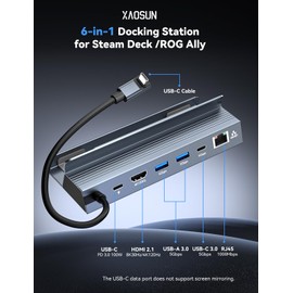 XAOSUN 6 in 1 Docking Station, Aluminum USB C Hub for ROG Ally/Steam Deck OLED/Lenovo Legion Go/MSI Claw, Steam Deck Dock, 1 HDMI 2.1 4K@120Hz, 2 USB A, 1 USB-C, 1 PD 3.0 100W and 1 RJ45 1000Mbps