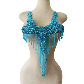 Pure Handmade Rhinestones Beads Patches Trim Bodice Applique Sewing Fringe Tassel Chain for DIY Clothing Wedding Decoration 15X19.6inches (Sky Blue)