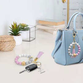 SNCCJ Bracelet Keychain for Women, Silicone Beaded Keychain Wristlet with Tassel, Portable House Car Key Ring Bracelet (Purple & Grey)