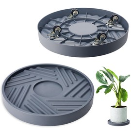 REDHUGO 2PCS Round Plant Caddy with Hidden Wheels, Rolling Plant Stand with Wheels, Heavy Duty Plant Caddy with Wheels Plant Dolly, Pot Base for Plants Indoor Outdoor, Gray, 14 inches
