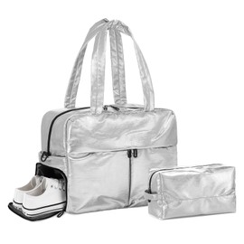 DTGN Travel Duffel Bag for Women, 30L Weekender Bag, Gym Bag with Shoes Compartment, Carry on Overnight Bag with Toiletry Bag for Travel Trip Camping, Silver