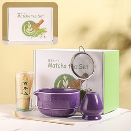 Traditional Matcha Tea Set with Bamboo Whisk, Purple Ceramic Bowl and Stand, 3-Piece Japanese Style (Purple;)