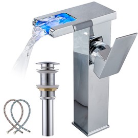 Bathroom Vessel Sink Faucet Waterfall Chrome Basin Faucet One Hole Handle with Pop Up Drain Assembly without Overflow Supply Line Brass Lavatory Tall Bath Vanity Bar Mixer Bowl Tap Modern Deck Mount