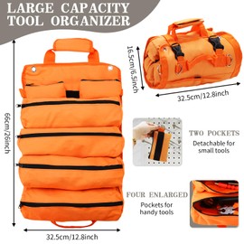 Tool Organizer Bag, Foldable Roll Up Heavy Duty Bag Organizer, with 2 Detachable Pouches, Mechanic Carrying Toolbag, Gifts for Dad Men Birthday Father Day (Orange)