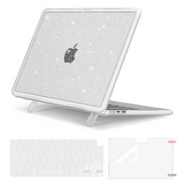 MOSISO Compatible with MacBook Air 13 inch Case 2025 2024 2023 2022 M3 A3113 M2 A2681, Heavy Duty Shockproof Sparkly Glitter Hard Case with Fold Kickstand&Keyboard Cover&Screen Protector, Transparent