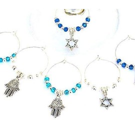 Set of 6 Judaica Wine Glass Charms with Hamsa and Star of David, Hostess Gift for Hanukkah
