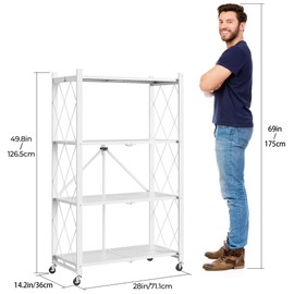 4 Tier Shelf Foldable Storage Shelf w/360° Movement Wheels, No Assemble Shelving Storage, Heavy Duty Folding Shelves, Garage Shelf Storage Organizer for Laundry, Kitchen, Utility Room(White, 4Tier)