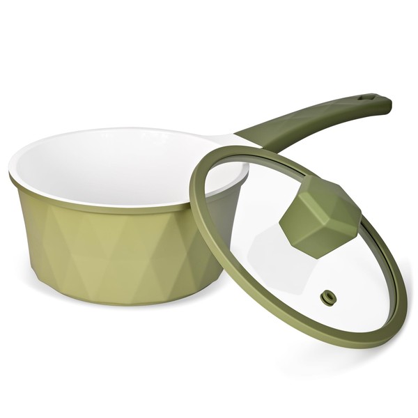 SizzPizz Ceramic Nonstick Saucepan with Lid, 2QT Small Cooking Pot,