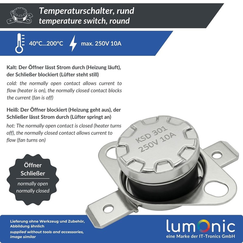 Lumonic KSD301 Thermal Switch 60°C Opener 250V 10A Temperature Switch