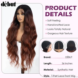 DÉBUT Body Wave Long Wavy Lace Front Wigs 13x4 Middle Part Synthetic Wig for Women Slight Pre Plucked Hairline with Baby Hair Highlight Copper Brown Mixed Ginger Brown Color 36 Inches