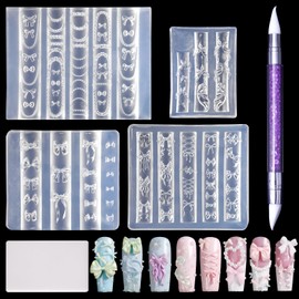 Laza 4pcs Bowknot Silicone Nail Art Molds, 3D Multiple Shapes Ribbon Lace Bows Charms Silicone Nail Accessories with Carving Pen Resin Nail Art Mold Manicure Tools for Women DIY Manicure Design