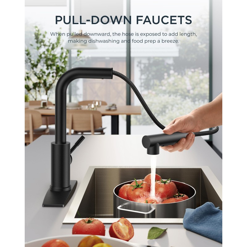 FORIOUS Black Kitchen Faucet with Pull Down Sprayer, Stainless Steel