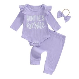 NZNDSHD Auntie Baby Clothes Girl Fall Winter Ribbed Knit Outfit Long Sleeve Romper Bodysuit Elastic Pants Headband Set (Purple Auntie, 3-6 Months)