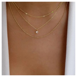 Andelaisi Boho Layered Crystal Choker Necklace Gold Rhinestone Square Necklace Choker Sparkly Cz Crystal Pendant Necklace Vintage Ball Chain Necklace for Women