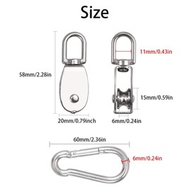 2 Sets 304 Stainless Steel Pulley Block Silver Pulley Roller with M6 Spring Snap Hooks M15 Single Pulleys Wheels for Rope Maximum Loading Capacity 35kg