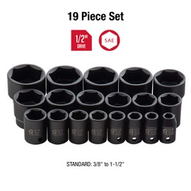 Sunex 2640, 1/2 Inch Drive Impact Socket Set, 19-Piece, SAE, 3/8 Inch – 1-1/2 Inch, Cr-Mo Alloy Steel, Radius Corner Design, Dual Size Markings, Heavy Duty Storage Case, Meets ANSI Standards