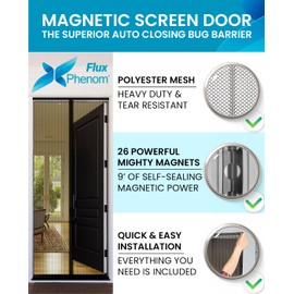 FLUX Magnetic Screen Door - Self-Closing, Pet-Friendly, Durable Polyester Mesh Screen Door with Powerful Magnetic Attachments, Keeps Bugs Out, Fits Sliding Doors and Standard Doors up to 36" x 78"