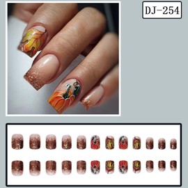 Thanksgiving Press on Nails Fall Short Square Fake Nails with Designs Pumpkin Gold Glitter Maple Leaf Glue on Nails 24 Pcs Reusable Stick on Nail for Women WYFHDT