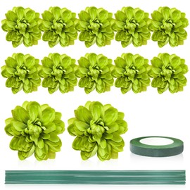 Quninet 12pcs Faux Dahlia Heads 3.9 Inch Silk Artificial Dahlia Flower Heads with Long Stems and Floral Tape for Wedding Bridal Shower Party Table Centerpieces (Light Green)