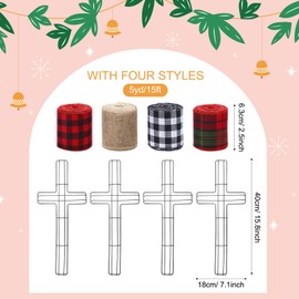 Treela 4 Set Cross Metal Wreath Frame with Ribbon Burlap Buffalo Plaid Ribbon 16 Inch Cross Shaped Metal Wire Wreath Form for Easter Garden Religious Church DIY Craft Project Indoor Outdoor Decoration
