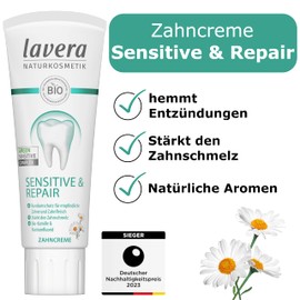 lavera Sensitive & Repair Toothpaste with Organic Chamomile & Sodium Fluoride - Strengthens the Enamel - Anti-Inflammatory - 5x Protection & Repair - Natural Cosmetics - Vegan - Organic (1 x 75 ml)