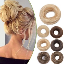 S-noilite 2pcs Human Hair Messy Scrunchies Hair Bun Extension Real Hair Updo Elegant Chignon Hair Bun Hairpiece Straight Hair Bun Extensions for Women(Straight,Ash Blonde & Bleach Blonde)