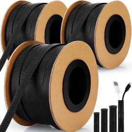 Pangda 450 Feet 1/4, 1/2, 3/8 Inches Wire Loom PET Expandable Braided Sleeving Braided Sleeve for TV, Computer, Home Theater (Black)