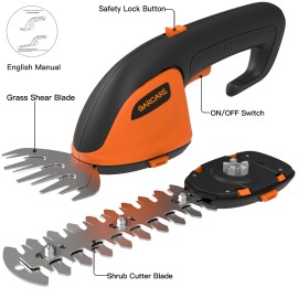 GARCARE 2-in-1 Cordless Grass Shears & Shrub Trimmer 7.2V Handheld Hedge Trimmer