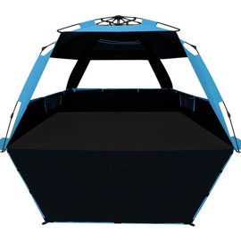 WhiteFang XL Pop Up Beach Tent Sun Shade Shelter for 3-4 Person with Blackout Shelter, UV Protection, Extendable Floor with 3 Ventilating Windows Plus Carrying Bag, Stakes, and Guy Lines (Solid Blue)