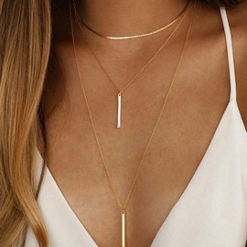 Enautoabs Bohemian Layered Bar Necklace Choker Vertical Bar Pendant Necklace Layering Gold Snake Chain Necklace Vintage Long Bar Necklace Jewellery for Women, Zinc, No Gemstone