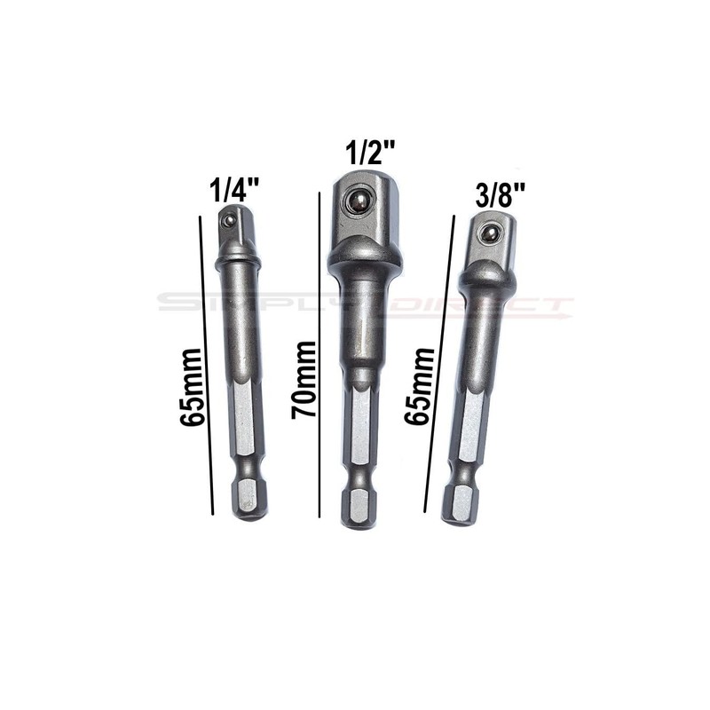 3Pc Hex Power Adaptor Set 1/4" 3/8" 1/2", Hex Shank