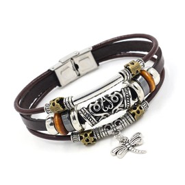SMALLLOVE Bohemian Leather Bracelets for Men and Women Vintage Punk Alloy Butterfly Key Adjustable Beaded Wrap Multilayer Braided Cuff Bangles Wristband Wrist Decor Bracelet (Brown Dragonfly)