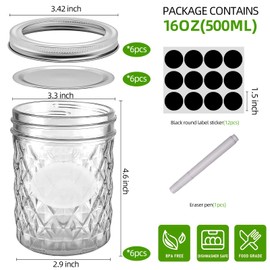 REUJIHXY 16 oz Mason Jars Wide Mouth Canning Jars 12 Pack Glass Jars with Silver Metal Airtight Lids and Bands for Jam, Honey, WeddingFavors, Shower Favors, Yogurt, Sauces, Overnight Oats (6)