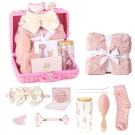 14-Piece Pink Birthday Gift for Women, Relaxing Spa Care Package with Blanket, Glass Tumbler, Self-Care Gift Basket for Women, Wife, Sister, Best Friend