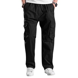 Men's Lightweight Pull on Casual Pants Cotton Full Elastic Waist Cargo Work Chef Lounge Pant Black 36