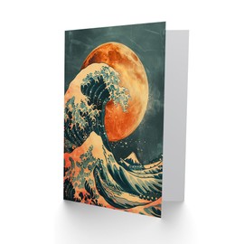 Artery8 Orange Moon Traditional Japanese Waves Artwork Greeting Birthday Card Him Her All Blank